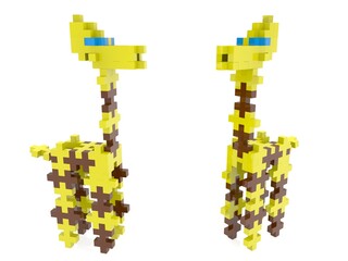 Two giraffe figures made of yellow and brown puzzle pieces on white