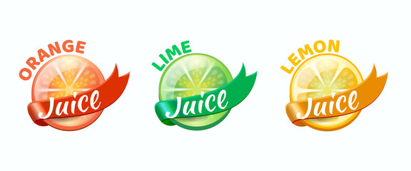 Set of orange, lemon, lime juice fresh labels. Creative citrus fruits shape  vector illustration. Glossy stickers, organic emblems. Vector illustration.