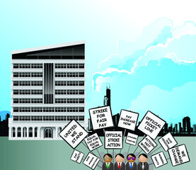 Obraz premium Workers on strike demonstrating with their demands on placards outside office building set against a blue cloudy sky