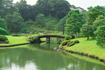 Beautiful green nature at Rikugi-en (Rikugi Garden) at Tokyo, Japan - obrazy, fototapety, plakaty