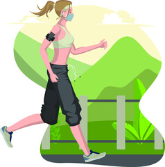 A woman with medical mask jogging alone outside