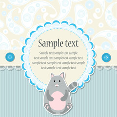 Children's greeting card with a cute cat and Paisley pattern, vector