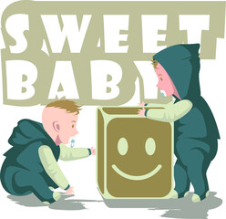 Twin babies are playing some toy together