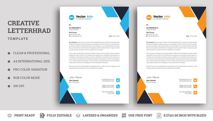 Business style letterhead template design with blue and orange color