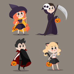Four cute kids character in halloween costume