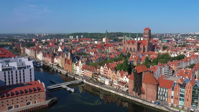 Gdansk, Poland. Aerial view of historic Old Town, embankment of Motlawa river
