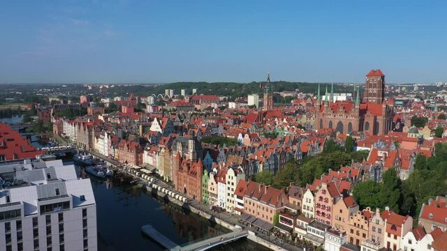 Gdansk, Poland. Aerial view of historic Old Town, embankment of Motlawa river

