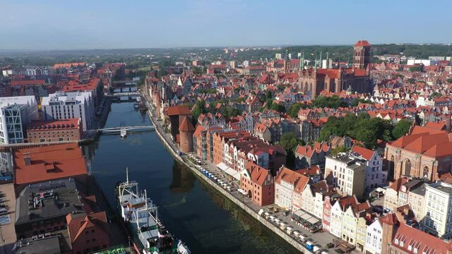 Gdansk, Poland. Aerial view of historic Old Town, embankment of Motlawa river

