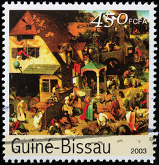 Detail from Netherlandish Proverbs by Brueghel the elder on stamp