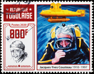 Jacques-Yves Cousteau scuba diving on postage stamp