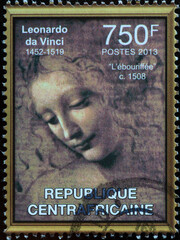 La Scapigliata, unfinished painting by Leonardo, on postage stamp