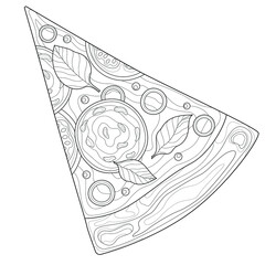 Slice of pizza.Food.Coloring book antistress for children and adults. Zen-tangle style.
Black and white drawing