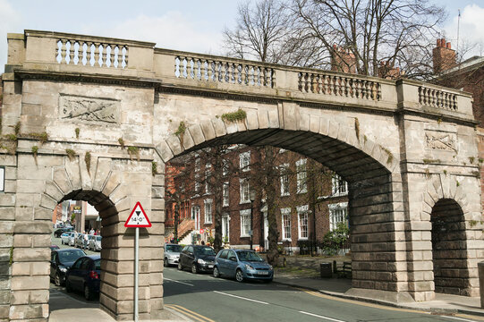 Chester, UK, April, 5 2009 : The Bridgegate which was built as part of the Roman city wall in the 12th century and is a popular tourism travel destination visitor landmark of the city stock photo