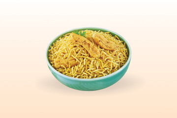 Indian Mathari made with fine wheat flour and namkeen Bikaneri Bhujiya made with chickpea flour (Besan), popular Indian snacks, Tasty namkeen Bikaneri Bhujiya made with chickpea flour, Bhujia sev