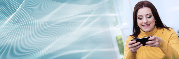 Businesswoman using her mobile phone; panoramic banner