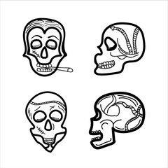 set of stylish skull contour doodles hand-drawn skeletons vector drawing on a white isolated background