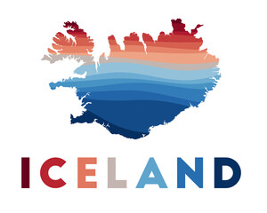 Obraz premium Iceland map. Map of the country with beautiful geometric waves in red and blue colors. Vivid Iceland shape. Vector illustration.