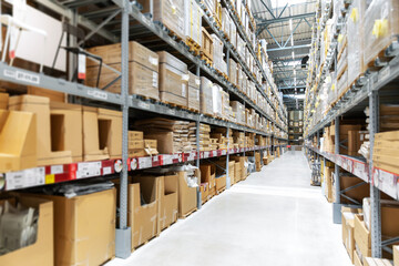 modern warehouse interior with boxes and goods in shelves