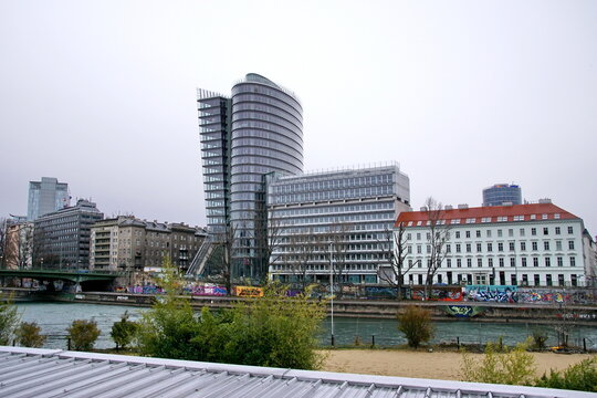 view to famous Uniqa tower in Vienna. Opening ogf the tower was in 2005 by architect Heinz Neumann. In 2006 the design won a Bauherren award.