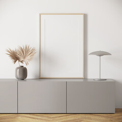Fototapeta na wymiar 3d render of a modern mockup interior with wooden frame on a greey sideboard and a ceramic vase with fan palm