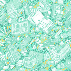 school seamless pattern with a backpack and education equipment cloud. Colorful, detailed, with many objects, it contains stationery, kids uniform, shoes, snacks and sets for creativity.