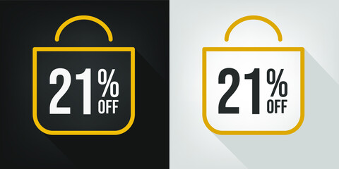 21% off. Black, white and yellow banner with twenty-one percent discount. Shopping bag concept vector.