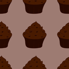 Tasty chocolate cupcake icon. Sweet dessert. Seamless pattern. Vector illustration