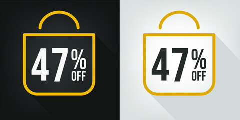47% off. Black, white and yellow banner with forty-seven percent discount. Shopping bag concept vector.