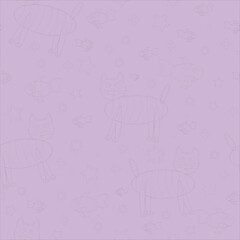 Seamless pattern with cats and fish in purple and gray shades, vector