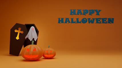 Happy halloween party poster banner  pumpkin ghost and Coffin ,ghost with mist. 3d rendering
