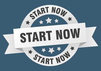 start now round ribbon isolated label. start now sign