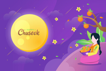 Illustration of woman sitting while staring to the moon under orange tree and flowers while celebrate Chuseok day