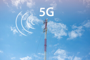Telecommunication tower with blue sky and white clouds. Antenna on blue sky. Communication technology.  Mobile or telecom 5g network. Technology