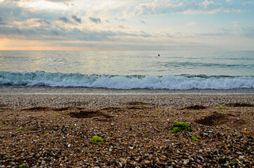 Beach of Black Sea from Golden Sands, Bulgaria with golden sands, blue clear water, fluffy clouds sky, sunrise