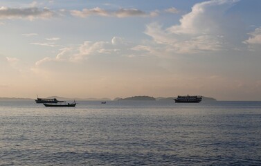 Ships and boats in the early November morning in the Gulf of Siam. Sihanoukville. Cambodia.