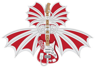 Electric guitar with wings. Isolated on white background. Vector illustration.