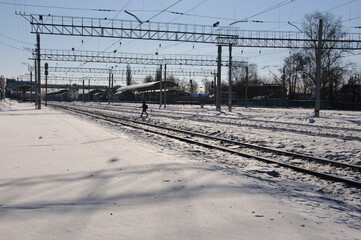 Ramenskoe. Moscow region. Russia. March 08.2018. Railway tracks of the Moscow-Ryazan railway on a Sunny day.