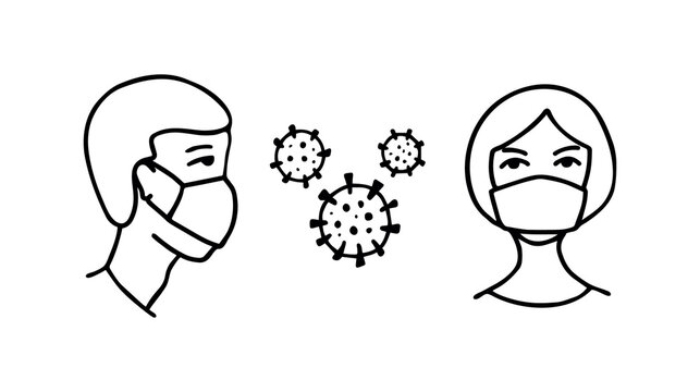 Man and woman wearing protective Medical mask for prevent Wuhan infection. Novel coronavirus 2019-nCoV. Virus symbol. Cell microbe. Prevention of covid. Global pandemic alert. Covid-19 outbreak