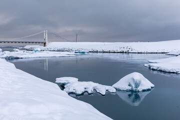 Panoram bidge on Winter Jokulsarlon Glacier is an icy beach where ice floes float