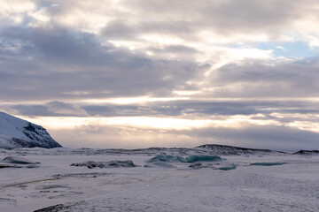 Winter Panorama of Icelandic Atlantic ocean, glacier and Vatnajökull National Park clouds