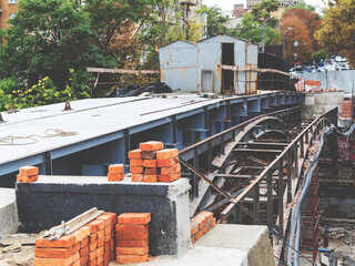 Supporting scaffold construction. Renovation of old bridge