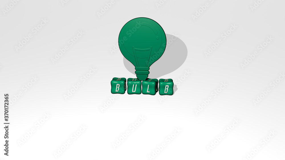 Poster 3d graphical image of bulb vertically along with text built by metallic cubic letters from the top p