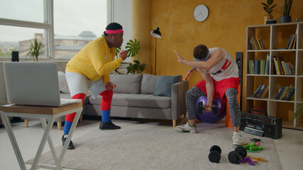 Weird diverse retro style sportsmen engaged in sports first time, competing with dumbbells lifting...
