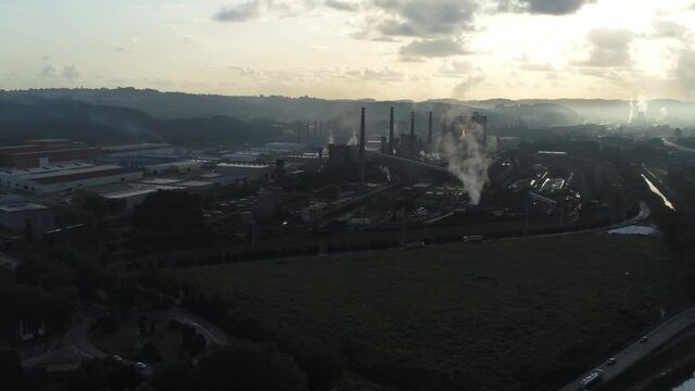 Chemical industry in Aviles, city of Asturias, Spain. Aerial Drone Footage