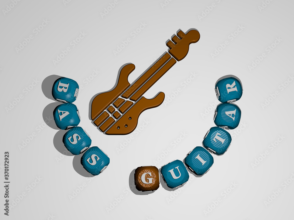 Poster 3d graphical image of bass guitar vertically along with text built around the icon by metallic cubic