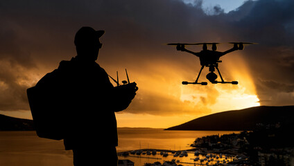 Silhouette of a man controls a drone on a sunset background