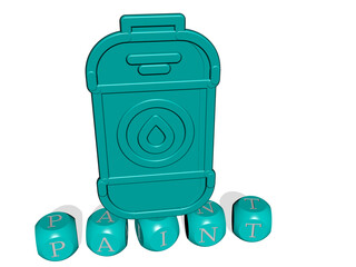 3D representation of PAINT with icon on the wall and text arranged by metallic cubic letters on a mirror floor for concept meaning and slideshow presentation. background and abstract