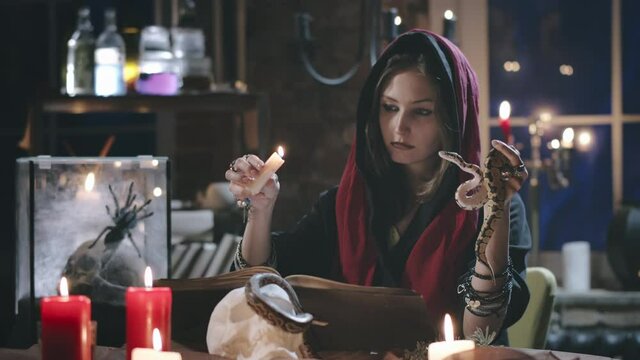 Young witch performing magical ritual using candle and snake