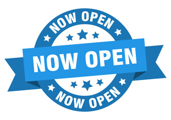now open round ribbon isolated label. now open sign
