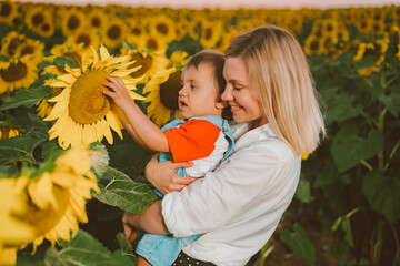 Mother with little baby son in sunflowers field during golden hour